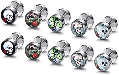 JOVIVI 10pc Skull Stud Earrings Mens Women, Stainless Steel Skul Ear Stud Set Silver Punk Skull Earrings Ear Piercing Jewellery Boys,00G Cheater Fake Ear Plugs Barbell Stud Screw Earring