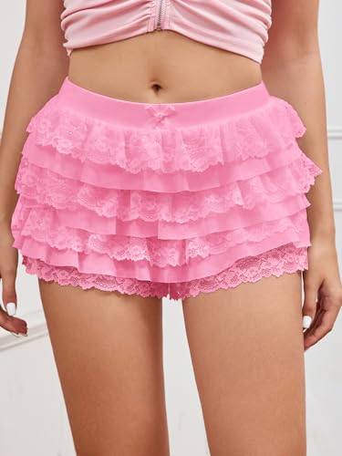 Image of Women Y2K Lace Multi-Layered Bloomers Lolita Ruffle Shorts Cute Mini Skirt | Tiered layers, elastic waist, pumpkin pants, for rave party /country concert /festival