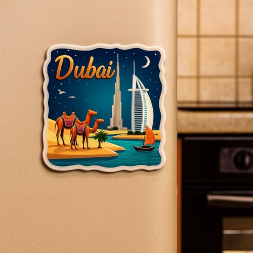 Image of Naxon Dubai Souvenir Wooden Fridge Magnet - 3x3 Inch Travel Collectible Refrigerator Magnet | Burj Khalifa, Palm Jumeirah, Desert Safari Design | Wooden Kitchen Decor & Gift | Pack of 1
