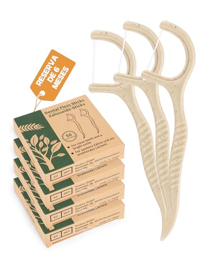 200x Hilo Dental natural seda dental floss vegen Hilo dental con mango de Maíz y Paja biodegradable palillos hilo dental sin plástico (4x50)