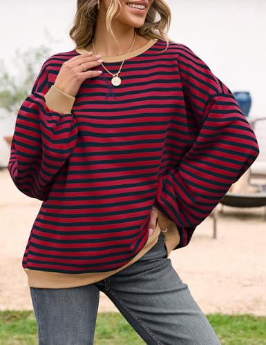 Image of UEU Women Oversized Striped Crewneck Sweatshirt Long Sleeve Color Block Pullover Tops Casual Loose Workout Shirt