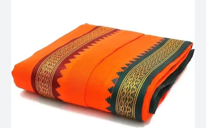 HomeTex Handloom Cotton Puja/Bathing Towel, Orange with Brown Borders XXXL Size for Men, Women, Kids.