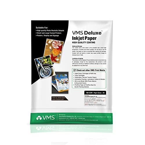 Image of VMS Deluxe 180 GSM A4 Glossy Photo Paper - Water Resistant , Pack of 4 x 20 sheets , Compatible with all Inkjet Printers