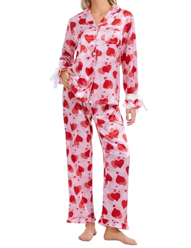 SWOMOG Womens Silk Satin Pajamas Set Long Sleeve Button Down