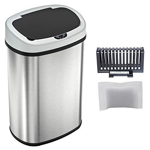 Image of iTouchless 13 Gallon Oval Sensor Trash Can with Odor Filter, Fingerprint-Proof Stainless Steel, 50 Liter Automatic Kitchen Garbage Bin, Smart Hands-Free Motion Lid, Quiet Soft-Close, Brushed Silver
