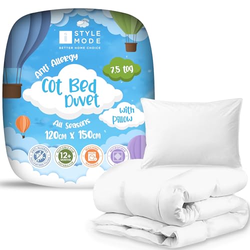 7.5 Tog Cot Bed Duvet and Pillow Lightweight Soft Snug Nursery Quilt for Kids Toddlers Hypoallergenic Anti Allergy & Machine Washable - 120cm x 150cm (7.5 Tog Cot Duvet + Cot Pillow)