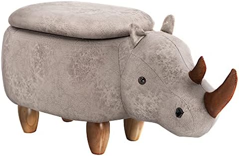 HOMCOM Rhino Storage Stool Cute Decoration Footrest Wood Frame Legs w/ Padding Lid Ottoman Animal Furniture Grey 36x70cm