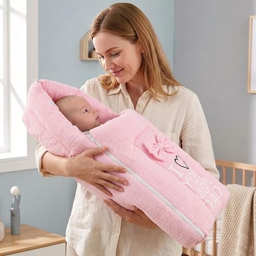 Image of Fareto Combo of Baby Bed with Net | Carry Bag | 4 Pcs Bedding Set (0-6 Months, Baby Size, Cotton) (M Piink)