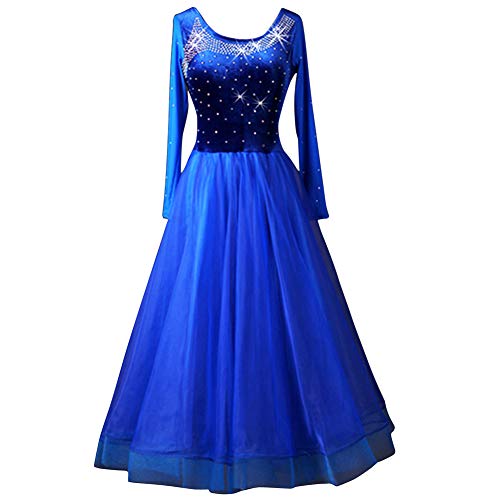 YC WELL Ballroom Dance Dresses Blue Flamenco Costumes Tango Waltz Modern Dance Dress(Long Sleeves,2XL)