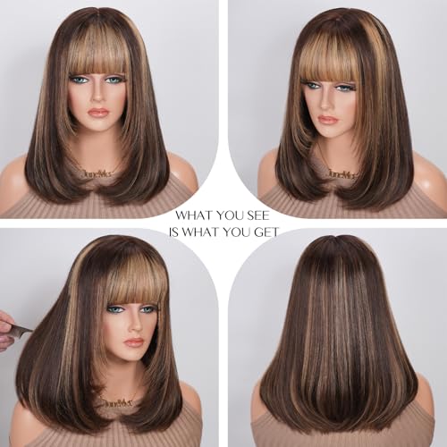 Image of 6x4 Lace Ombre Brown Mixed Blonde Bob Real Human Hair Wig with Bangs for White Women Straight Layered Lace Front Closure Curtain Bangs 2 /27 Wear and Go Glueless 100% Human Hair Wigs 16 Inch