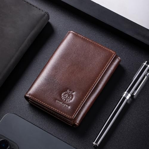 Image of Trifold Wallets for Men RFID Blocking Full Grain Leather Short Mens Wallet with Snap Closure, 8 Card Slots, Clear ID Window, Coffee