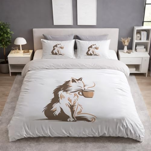 Genérico Blanca Funda Nordica con Estampado de Retro Zorro Café Minimalista - Suave y Transpirable Cierre Cremallera - Funda Nordica 200 x 220 Cama 135|140 + Funda de Almohada 2 x 50 x 70