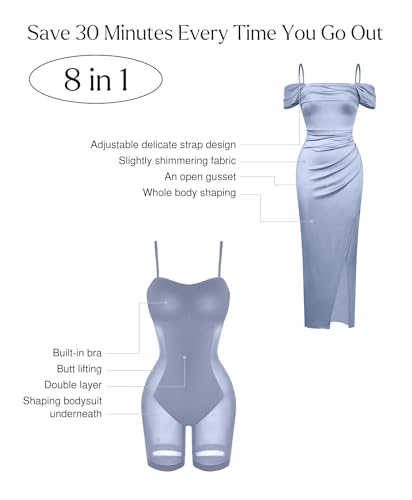 Image of Popilush Wedding Guest Dresses for Women Off Shoulder Shapewear Maxi | Multi-Way Wear, Built in Bra, Light Tummy Control, Ruched Satin Formal Cocktail Evening Bridesmaid Dress