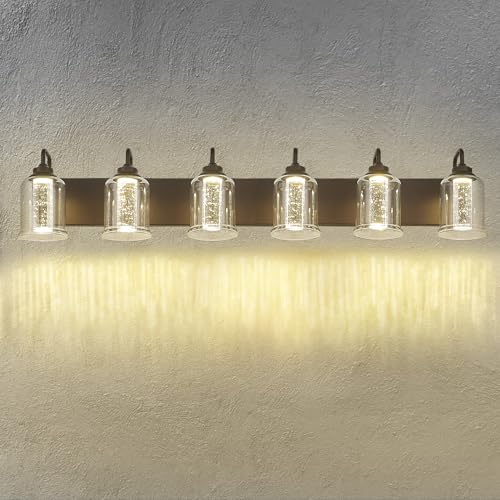 Image of zeyu 40W 6 Light Bathroom Light Fixtures, 44 Inch LED Vanity Wall Light with 5 Color Modes, Oil Rubbed Bronze Finish with Crystal Bubble and Clear Glass, ZSL72B-6W LED ORB