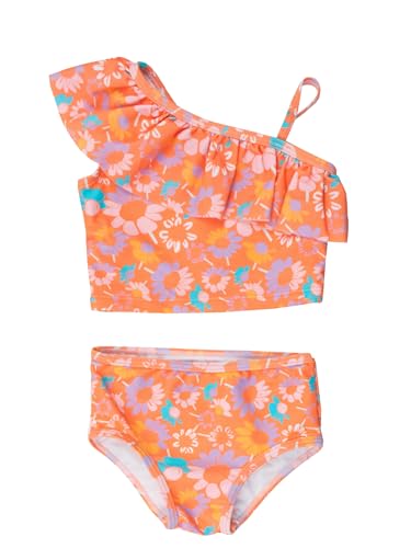 RuffleButts Girls UPF50+ Sun Protection One Shoulder Ruffle Tankini Two Piece Swimsuit - Coral Floral, 6