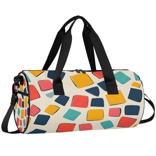 Abstract Colored Bricks Round Barrel Sports Fitness Bag, Travel Luggage Bag, Reusable Handbag, Suitable For Men and Women
