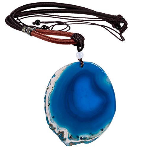 SUNYIK Natural Agate Slice Stone Pendant with Chain for Women, Healing Crystal Necklace for Men, Adjustable 17
