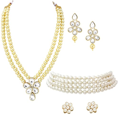 Image of Peora Crystal Faux Pearl Kundan Necklace & Jewellery Set Gift for Women
