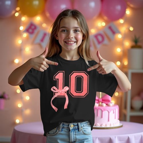 Image of Girl Birthday Shirt 10th Birthday T-Shirt Bow 10 Year Old Bday Short Sleeve Tee Top Tenth Party Outfit