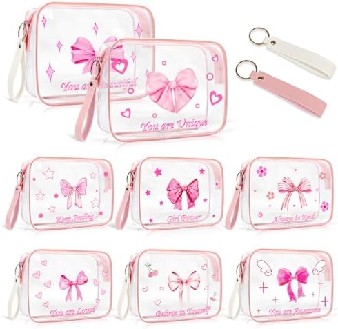 PUNICA 8 Pcs Pink Bow Clear Makeup Bag Pink Coquette Bows Cosmetic Bags Gifts Women, Waterproof PVC Travel Toiletry Bag Bulk, Makeup Pouch Emotional Support Gift for Mother Nurse Graduation Organizer