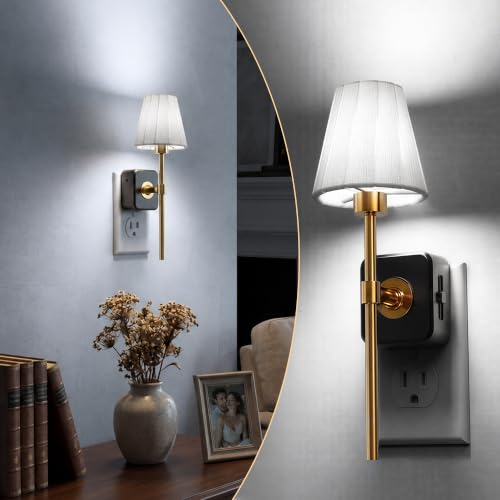 Image of L LOHAS LED Night Lights Plug into Wall,White Pleated Fabric Cover Night Light, 5000K Daylight with 0-100LM Dimmable Night-light, Dusk to Dawn Sensor Vintage Nightlight for Bedroom Living Room