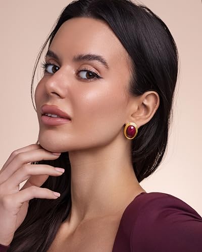 Gold Maroon Red Carnelian Round Oval Ribbed Button Chunky Statement Earrings for Women by SNGIA, Bold Handmade Exaggerated Dome Retro Rounded Button Trendy Bohemian Gemstone Stud Jewelry Gifts, Unique Vintage Baroque Stone Summer Beach Fashion Earrings Accessories, Thick Circular Nickle Free Huggies Earrings.2