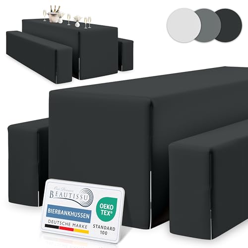 Beautissu Edles 3tlg Biertischhussen Set Blickdicht 50cm oder 70cm Bierzeltgarnitur – Dicker Stoff Knitterfrei Bierbankauflagen Bodenlang – Biertischhusse Bierbankhusse Biertisch – 220x50cm Schwarz