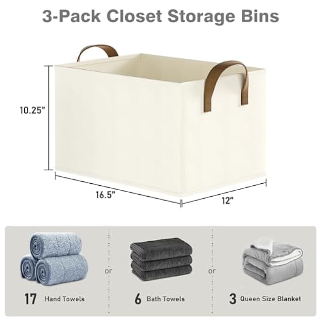 Closet Storage Bins, Fabric Closet Organizers and Storage Basket for Shelves, Collapsible Shelf Baskets for Organizing Shelves, Bedroom Clothes Basket, Beige, 3 Pack