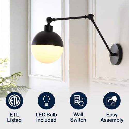 Image of JONATHAN Y Alba 7 inch Oil Rubbed Bronze 1-Light Iron Swing Arm Sconce, Mid-Century Industrial Adjustable Wall Lamp with Frosted Glass Globe Shade for Bedroom, LED Bulb Included JYL9931B