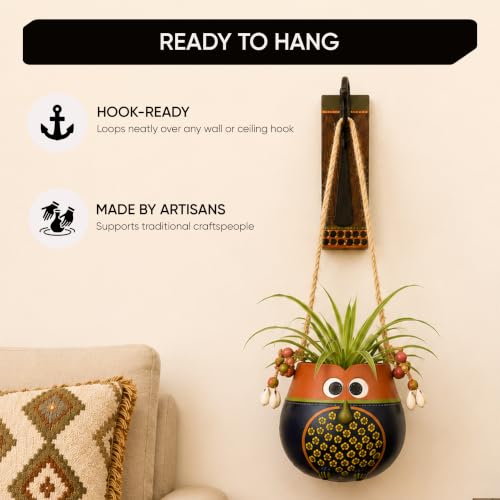 Image of AAKRITI ART CREATIONS Wall Hanging Planter with Hook | Brown & Blue Earthen Planter on Classic Hook, Modern Art, Matte Finish | Metal, Terracotta & Wood | Decorative Hanging Pot for Indoor & Outdoor