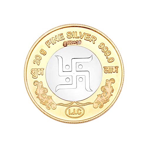 iJuels 999 Fine Silver BIS Hallmarked Gold Plated 20gm Coin. Festive Gift Pack (20 Gram / 20Grams Silver Coin – 1 Piece)