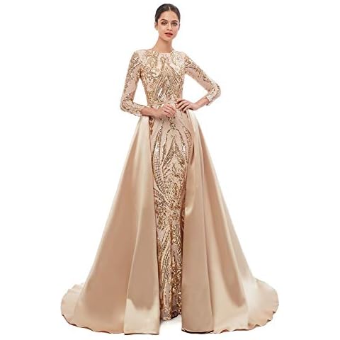 Leyidress Sequin Mermaid Evening Dresses Detachable Train Trumpet Prom Party Dresses Gold Celabrity Pageant Gown 10 Cover
