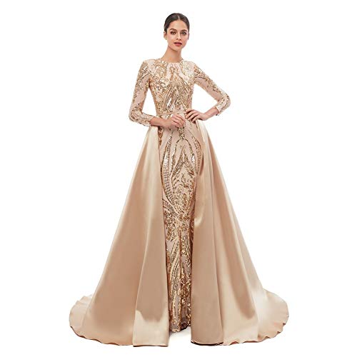Leyidress Sequin Mermaid Evening Dresses Detachable Train Trumpet Prom Party Dresses Gold Celabrity Pageant Gown 20W