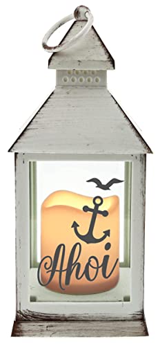 WB wohn trends Kunststoff-Laterne mit LED-Kerze & Timer, AHOI Anker, Weiss 24x10,5x10,5cm, Batterie LED-Licht LED-Laterne LED-Lampe mit Text Spruch