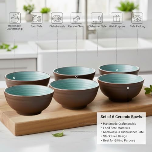 Image of Freakway 6-Piece Modern Stoneware Bowl Set, Rustic Brown & Turquoise Ceramic Bowls, Round Shape, Dishwasher Safe, Microwave Safe for Everyday Dining