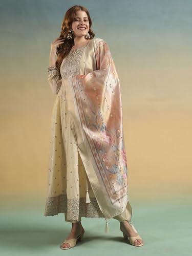 Image of SHOPPING QUEEN Women's Silk Embroidered Kurta Set with Dupatta