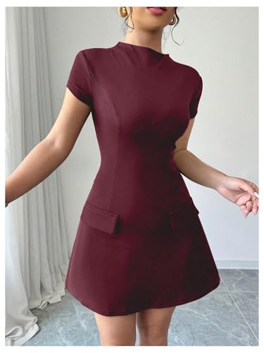 Women's Short Sleeve Mock Neck A Line Dress Zipper Slim Fit Formal Work Mini Dresses with Pocket4