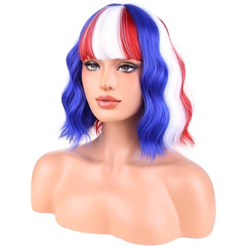 MAGQOO 4th of July Wig Women Red Blue and White Short Curly Wavy Flag Wig with Bangs Cosplay Costume