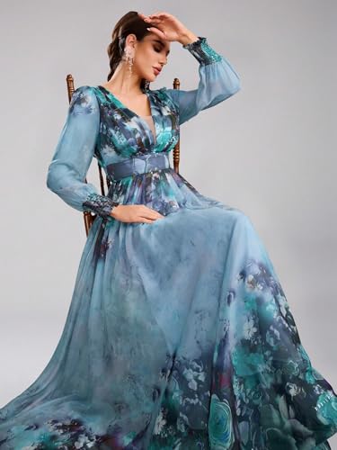 Image of TOLEEN Summer Casual Dresses for Women 2024 Spring Fashion Boho V Neck Long Sleeve Ruffle Floral Print Elegant Maxi Dress