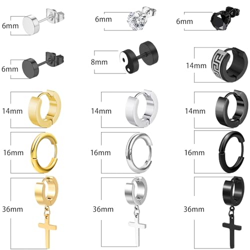 15 Pairs Earrings for Men, Black Silver 14K Gold Plated Stainless Steel Earrings Stud Hoop for Men Women, Fashion Ear Piercing Jewelry Cross Dangle Hoop Earrings Set3