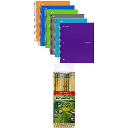 Five Star Spiral Notebooks, 1 Subject, 100 College Ruled Sheets, Assorted Trend Colors, 6-Pack (38057) and Dixon Ticonderoga Wood-Cased 2HB Pencils, Pre-Sharpened, Box of 30, Yellow (13830) Bundle