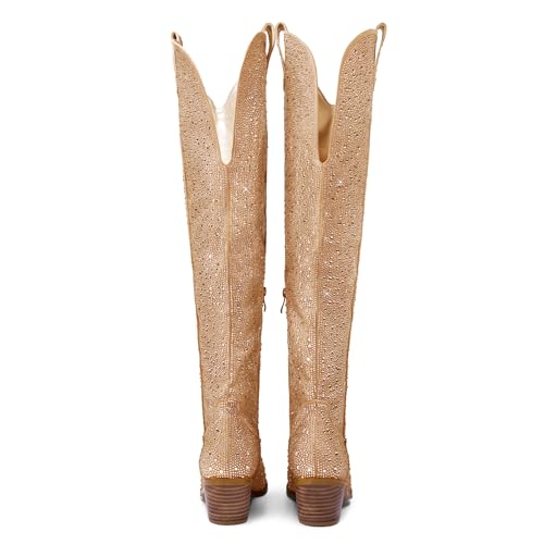 Women's Silver sparkle Rhinestone Over the Knee Cowboy Boots Sexy Glitter Pointed Toe Chunky Heel Zipper Wide Calf Tall Cowgirl Boots Fashion Retro Classic Party Shoes for Girls4