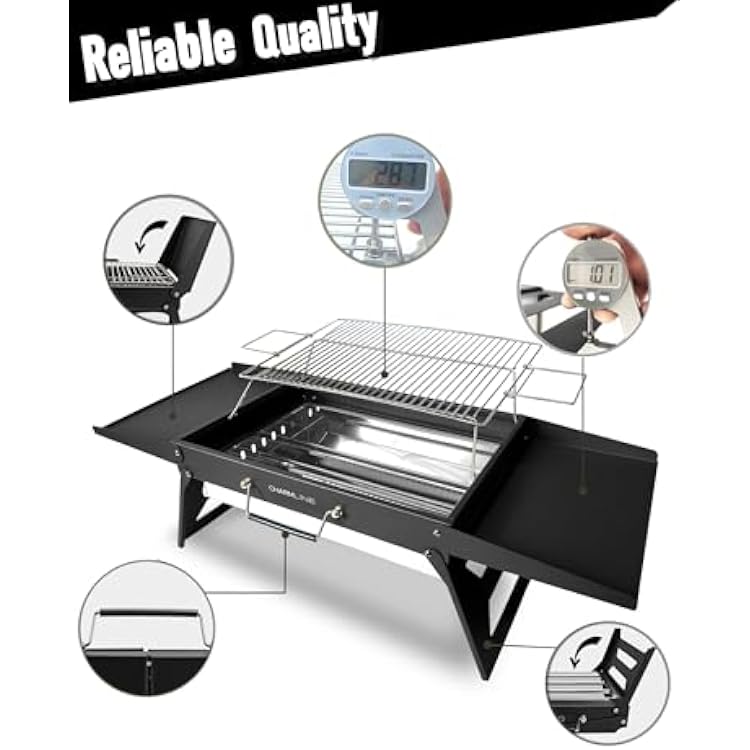 Charmline 20x14inch Big Foldable Portable Charcoal Grill, Charcoal Grills for Camping, Picnics, Gardens and Beach Parties, Black, With 44x24in Fireproof Mat