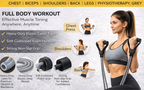 Image of Toning Tube Resistance Band with Handles | Heavy Duty Exercise Tube for Home Workout, Chest Expander, Biceps, Shoulder, Physiotherapy & Strength Training (Grey, Medium Resistance)