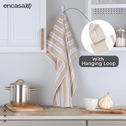 Image of Encasa XO Kitchen Towels Cotton Pack of 4 | 70x45 cm, Franca Beige Stripes - Dish Cloths | Highly Absorbent Cleaning & Wiping Cloths for Kitchen | Reusable Tea Towels