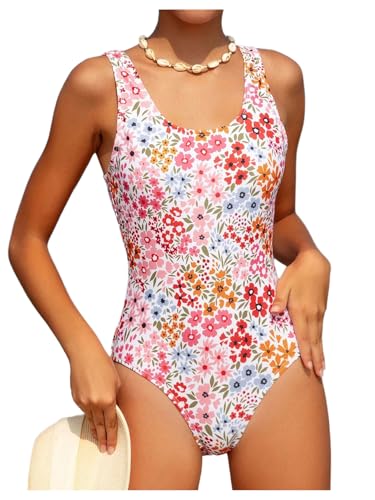 OYOANGLE Girl's Boho Floral Print One Piece Swimsuit Scoop Neck Beach Sports Bathing Suits