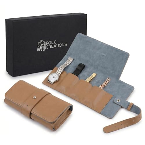 Image of Folk Creations Watch Roll for 4 Watches | Vegan Leather Travel Case for Men | Velvet Cushion Organizer | Gift for Collectors | Scratch-Proof Watch Storage Box, Tan