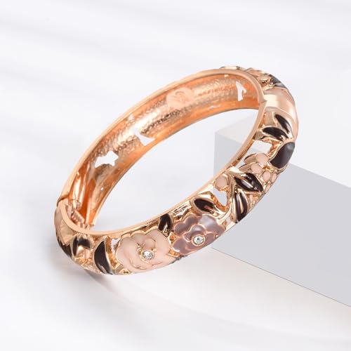 Image of UJOY Vintage Jewelry Cloisonne Handcrafted Flower Enameled Gorgeous Rhinestone Hinged Cuff Bracelet Bangles Gifts 88A10