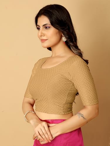 Image of Amazon Brand - Anarva Round Neck Dobby Cotton Lycra Stretchable Elbow Half Sleeve Readymade Saree Blouse for Women Stylish