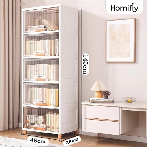 Image of HOMIFLY 5 Tier X-large Plastic Wardrobe for Clothes /Multipurpose Stackable Storage Cabinet /Foldable Space Saving Almirah for Bedroom /Cupboard Organizer for Clothes, Toys, Kitchen(White & Transparent)